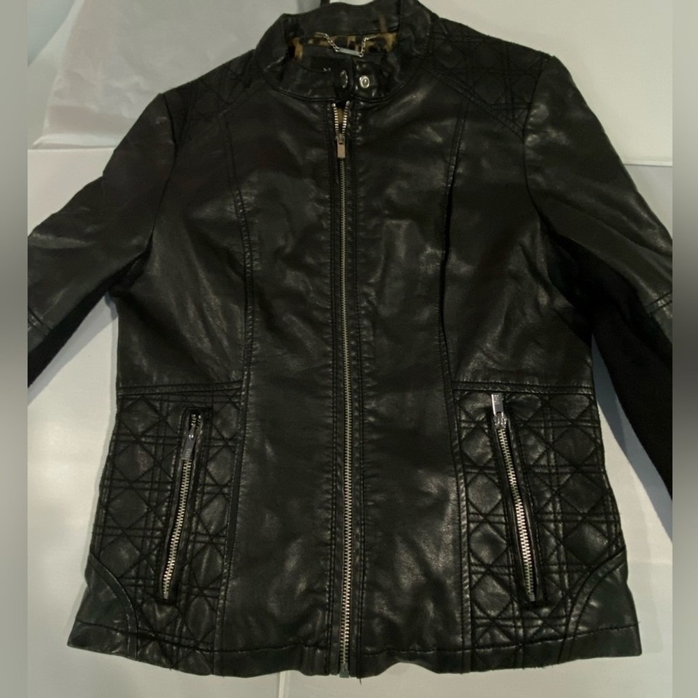 Black Rivet Faux‎ Leather Moto Jacket Quilted Leopard Print Lining Womens Small